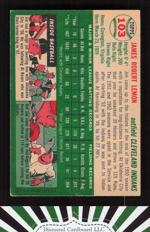1954 Topps #103 Jim Lemon VGEX m, back