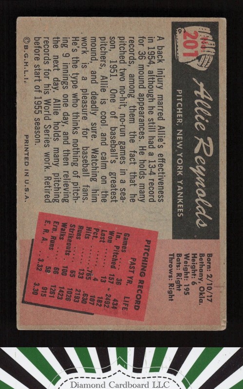 1955 Bowman #201 Allie Reynolds VG+, back