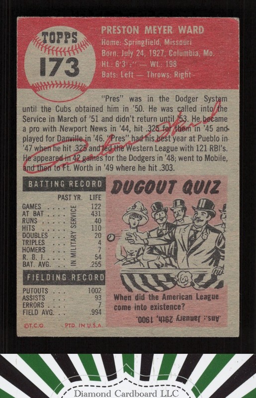 1953 Topps #173 Preston Ward VGEX d, back