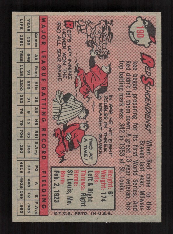 1958 Topps #190 Red Schoendienst EXMT+ f, back