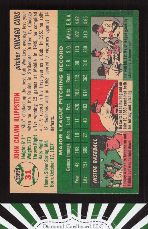 1954 Topps #31 Johnny Klippstein VGEX l, back