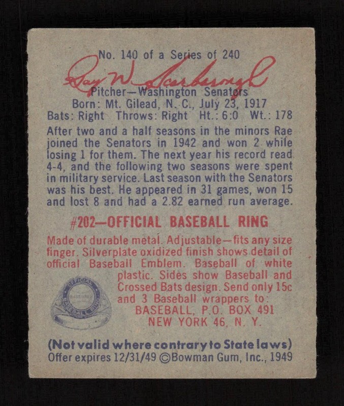 1949 Bowman #140 Rae Scarborough EX [CENTERED], back