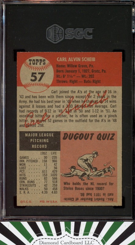 1953 Topps #57 Carl Scheib SGC 8 [ POP 4, 1 HIGHER ], back
