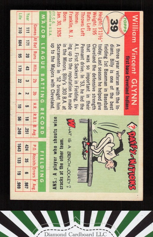 1955 Topps #39 Bill Glynn VGEX p, back