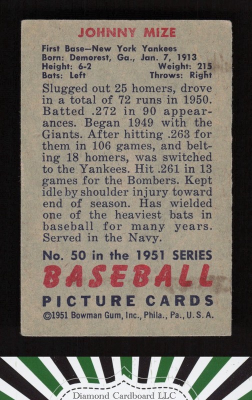 1951 Bowman #50 Johnny Mize VGEX, back
