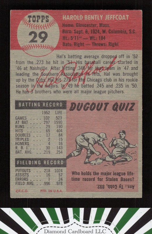 1953 Topps #29 Hal Jeffcoat EX j, back