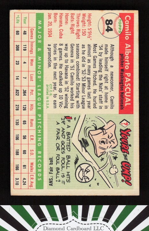 1955 Topps #84 Camilo Pascual VGEX h, back