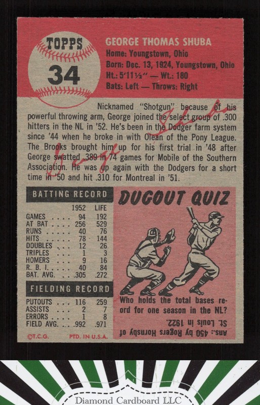 1953 Topps #34 George Shuba EX c, back