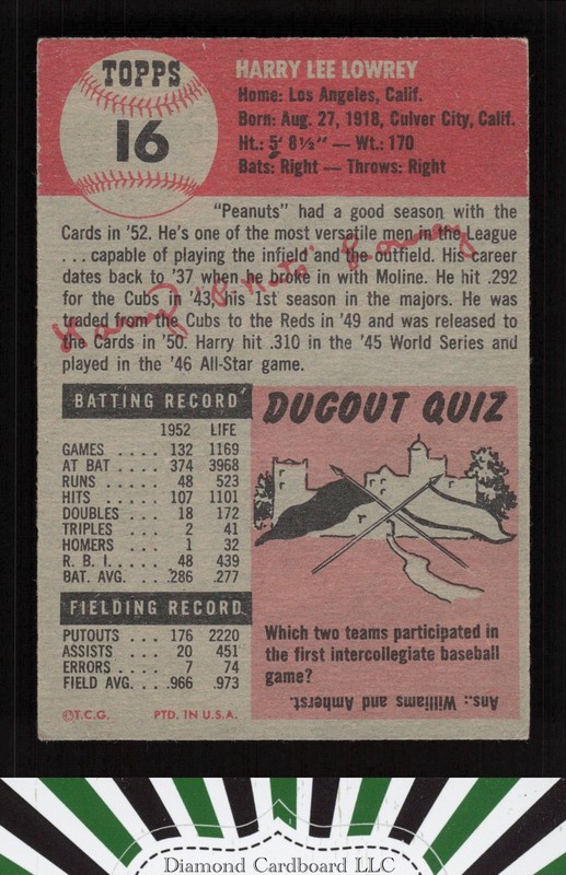 1953 Topps #16 Peanuts Lowrey VG d, back