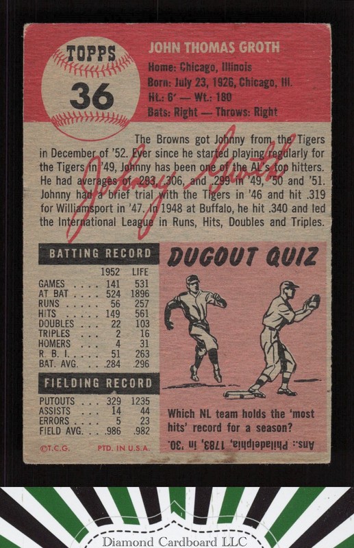 1953 Topps #36 Johnny Groth VGEX c, back