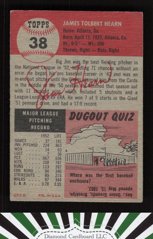 1953 Topps #38 Jim Hearn VGEX h, back
