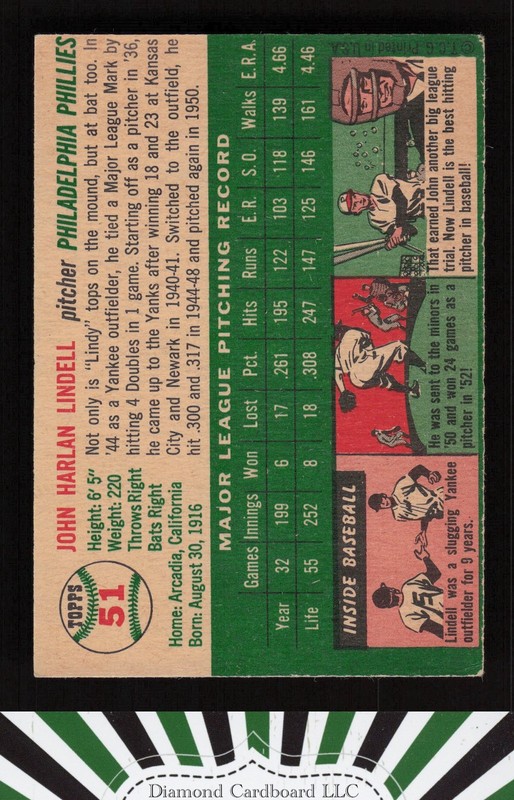 1954 Topps #51 Johnny Lindell GD b, back