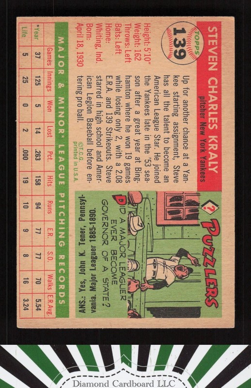 1955 Topps #139 Steve Kraly VGEX c, back