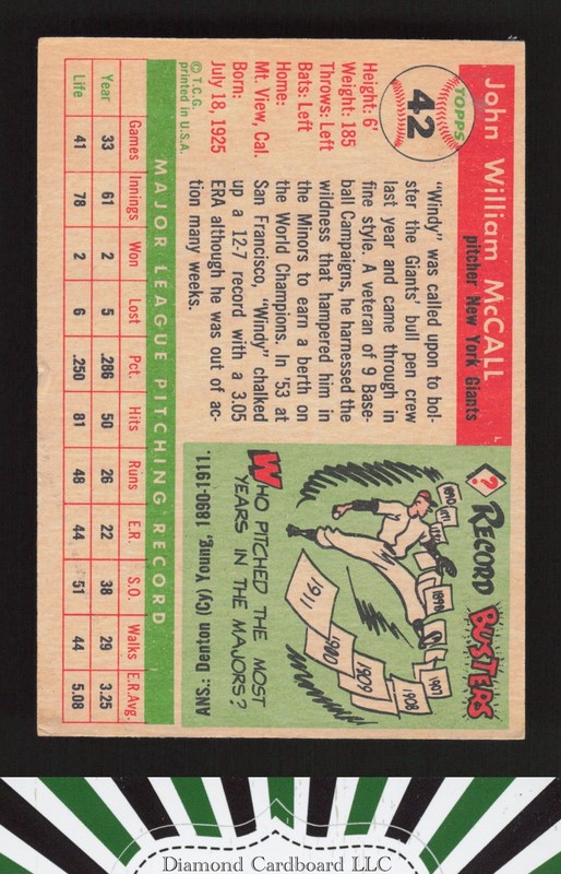 1955 Topps #42 Windy McCall VG+ i, back