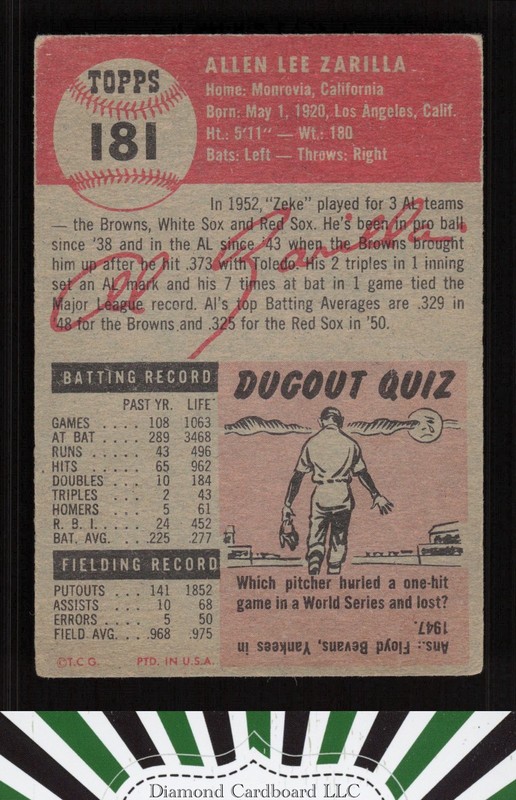 1953 Topps #181 Al Zarilla PR a, back