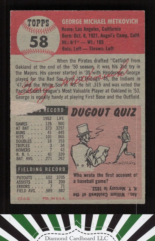 1953 Topps #58 George Metkovich VGEX+ f, back