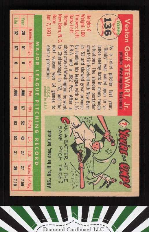 1955 Topps #136 Bunky Stewart VGEX e, back