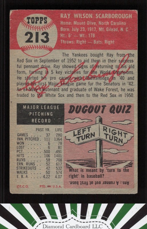 1953 Topps #213 Ray Scarborough VG b, back