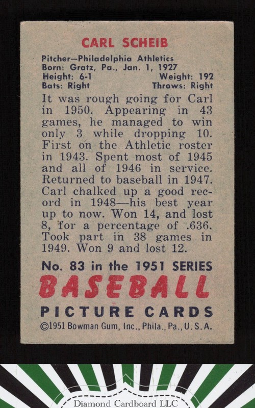 1951 Bowman #83 Carl Scheib VGEX, back
