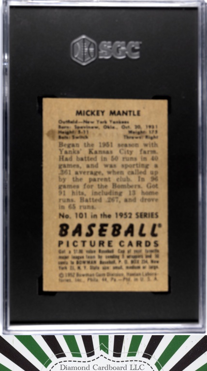 1952 Bowman #101 Mickey Mantle SGC 5, back