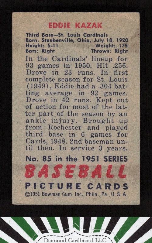1951 Bowman #85 Eddie Kazak VG+ [CENTERED], back