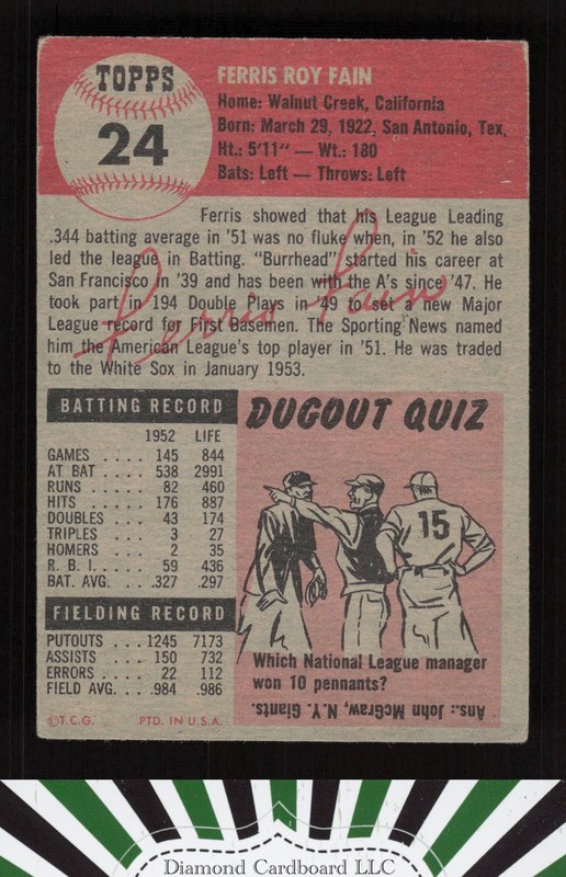 1953 Topps #24 Ferris Fain VGEX h, back