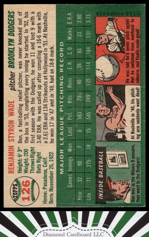 1954 Topps #126 Ben Wade VGEX j, back
