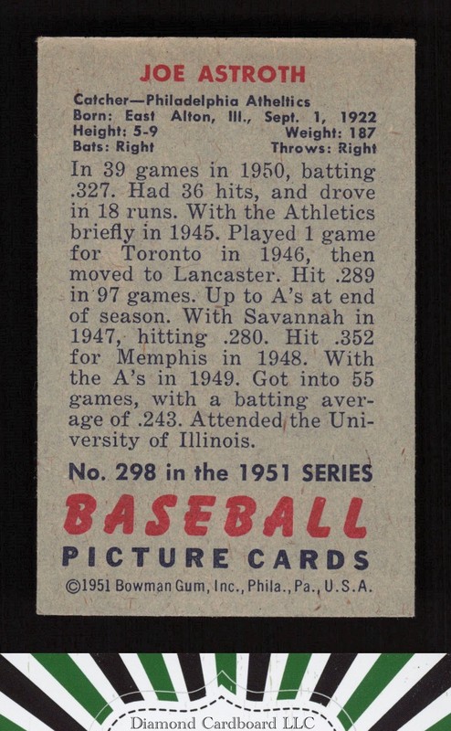 1951 Bowman #298 Joe Astroth VG+, back