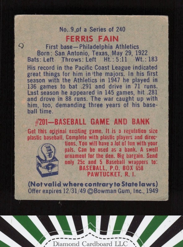 1949 Bowman #9 Ferris Fain VG a, back
