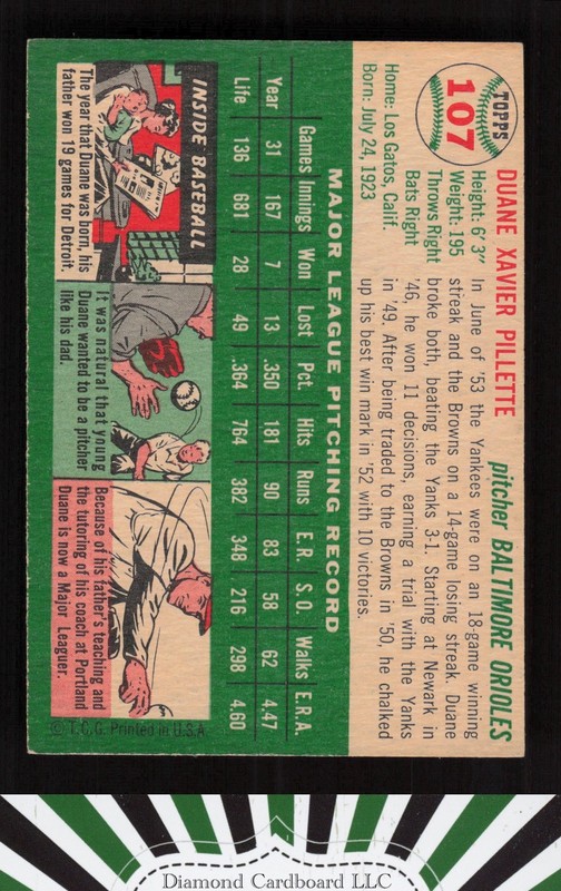 1954 Topps #107 Duane Pillette EXMT m, back