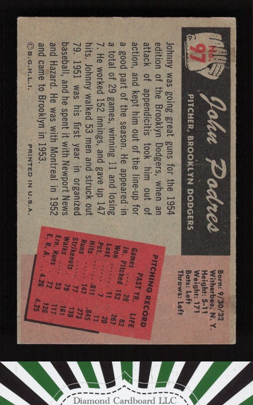 1955 Bowman #97 John Podres VGEX, back