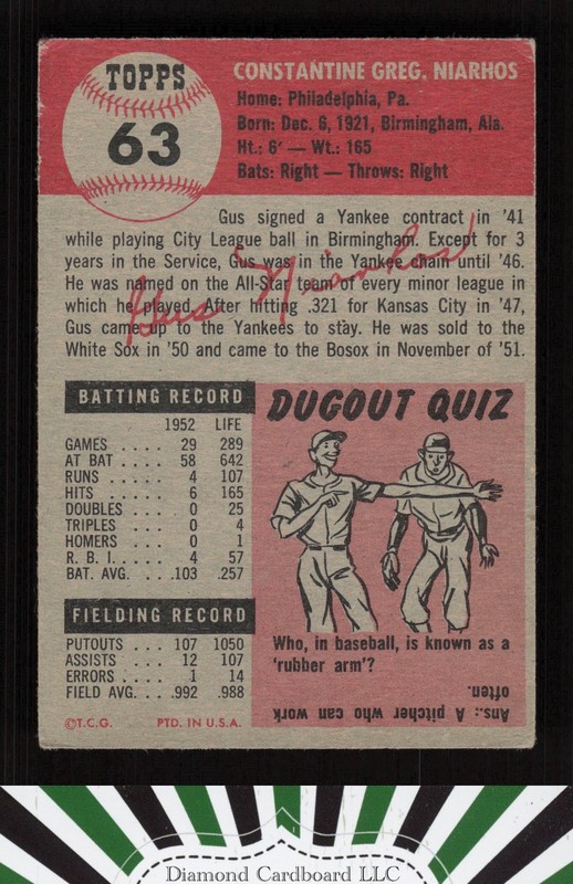 1953 Topps #63 Gus Niarhos VG b, back