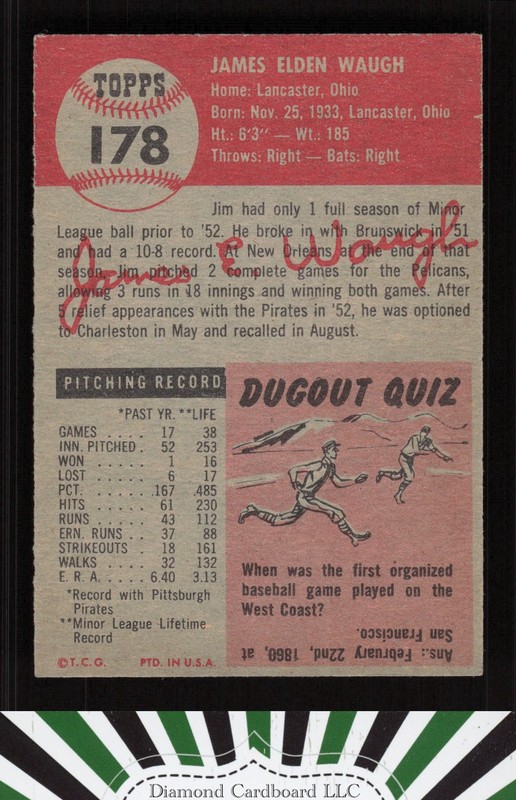1953 Topps #178 Jim Waugh EX g, back