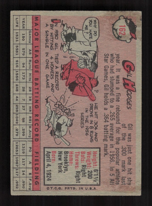 1958 Topps #162 Gil Hodges VGEX j, back