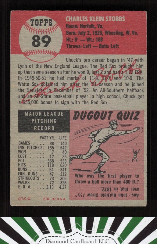 1953 Topps #89 Chuck Stobbs : Bio uses black text VGEX e, back