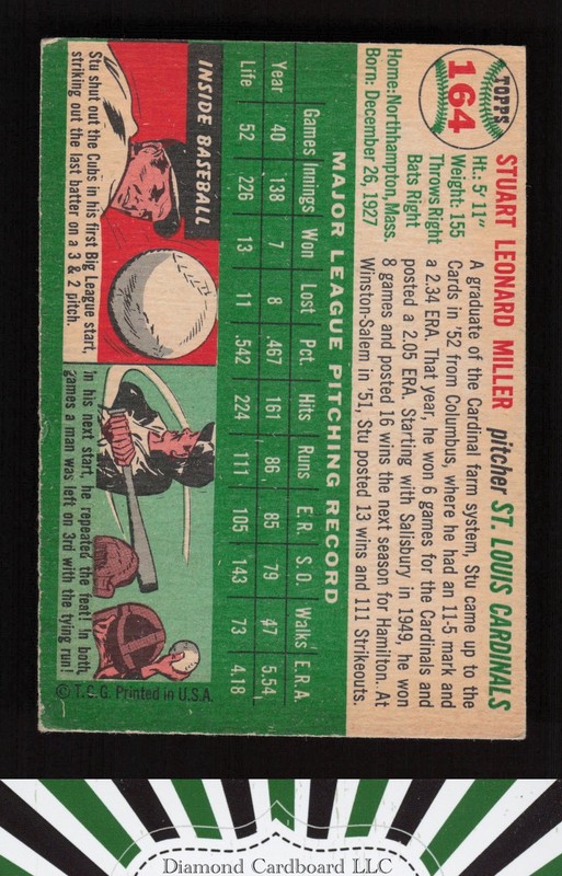 1954 Topps #164 Stu Miller VGEX m, back