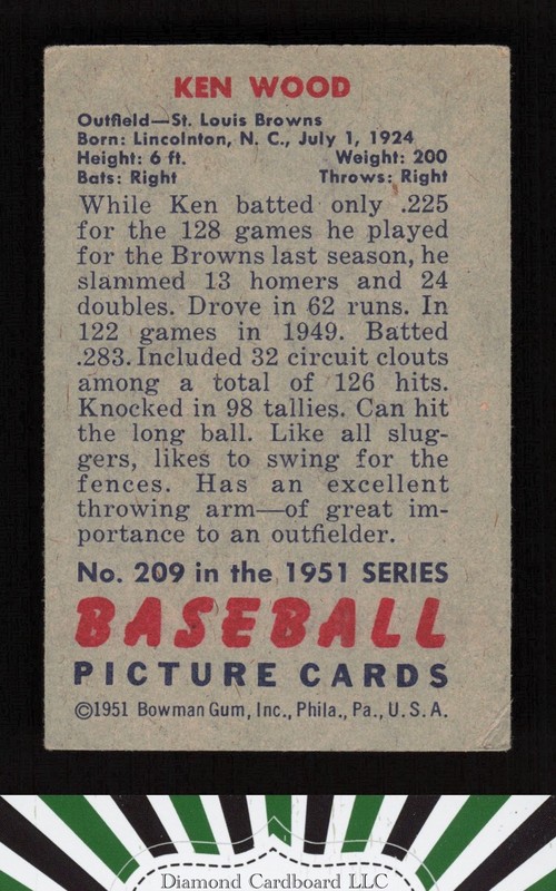 1951 Bowman #209 Ken Wood VG+, back