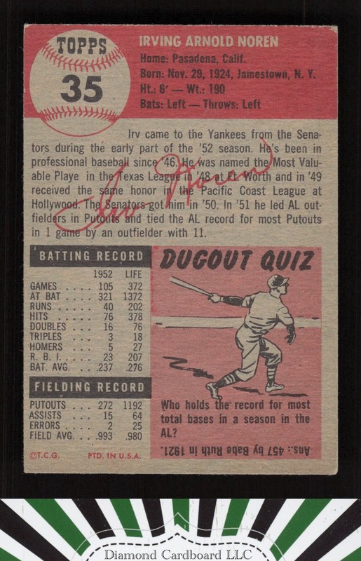 1953 Topps #35 Irv Noren VGEX e, back