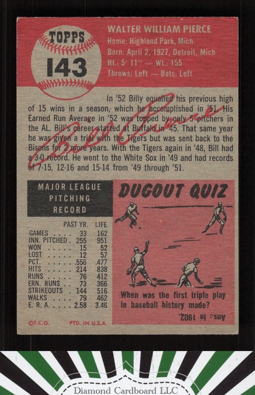 1953 Topps #143 Billy Pierce : Bio uses white text VG a, back