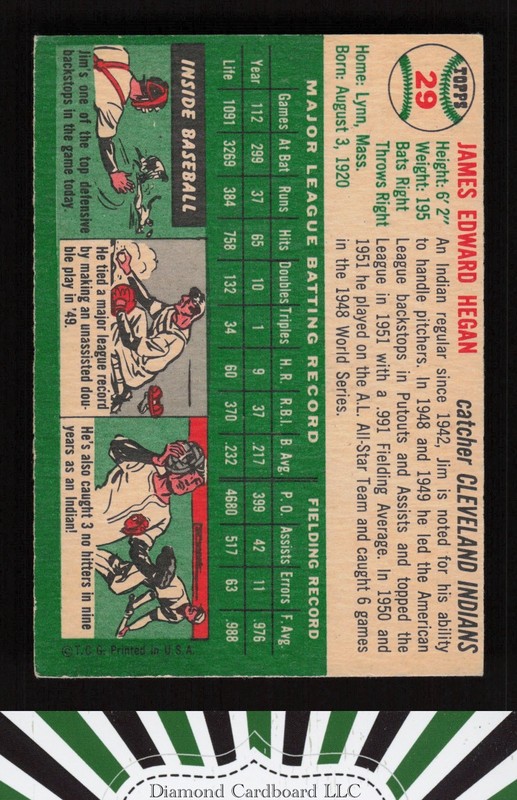 1954 Topps #29 Jim Hegan VGEX j, back