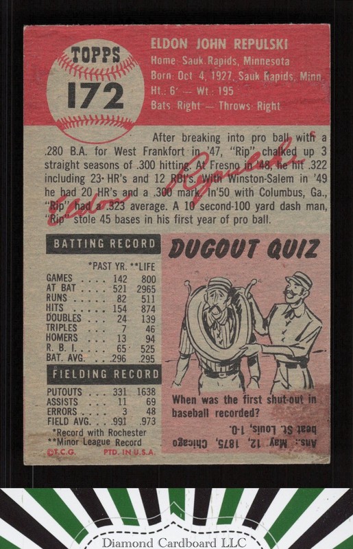 1953 Topps #172 Rip Repulski VGEX d, back