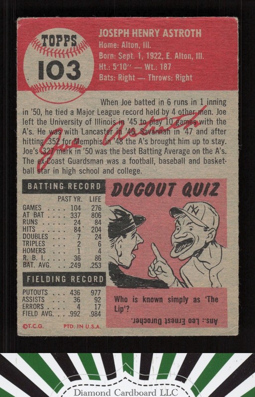 1953 Topps #103 Joe Astroth : Bio uses white text GD+ a, back