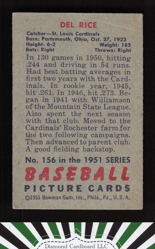 1951 Bowman #156 Del Rice GD [CENTERED], back