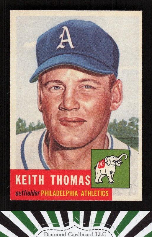 1953 Topps #129 Keith Thomas : Bio uses white text NM j, front