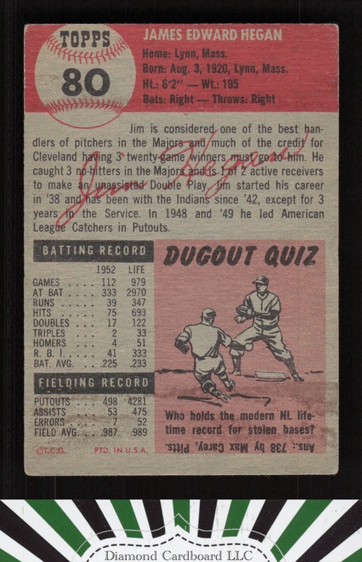 1953 Topps #80 Jim Hegan VG b, back