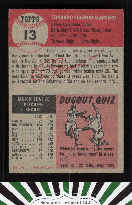 1953 Topps #13 Connie Marrero VGEX c, back