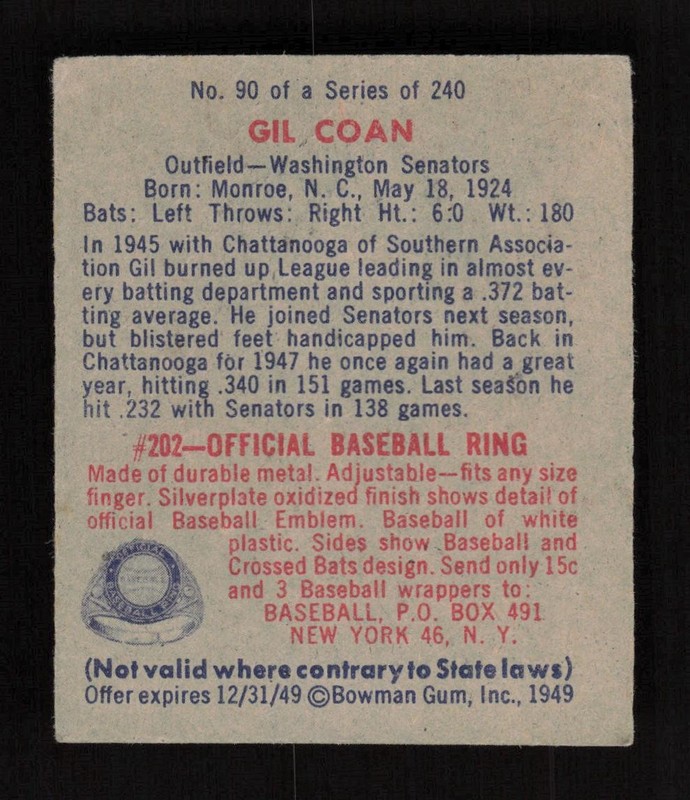 1949 Bowman #90 Gil Coan VG+, back