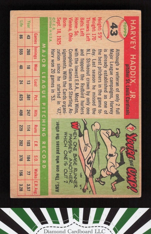 1955 Topps #43 Harvey Haddix VGEX d, back