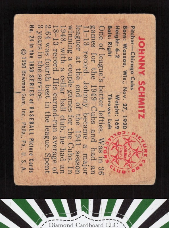 1950 Bowman #24 Johnny Schmitz GD+, back
