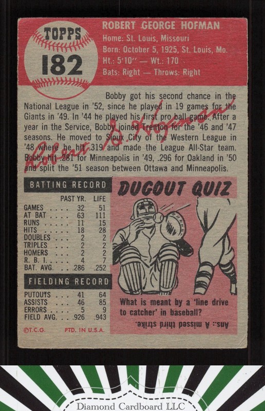 1953 Topps #182 Bobby Hofman GD+ b, back